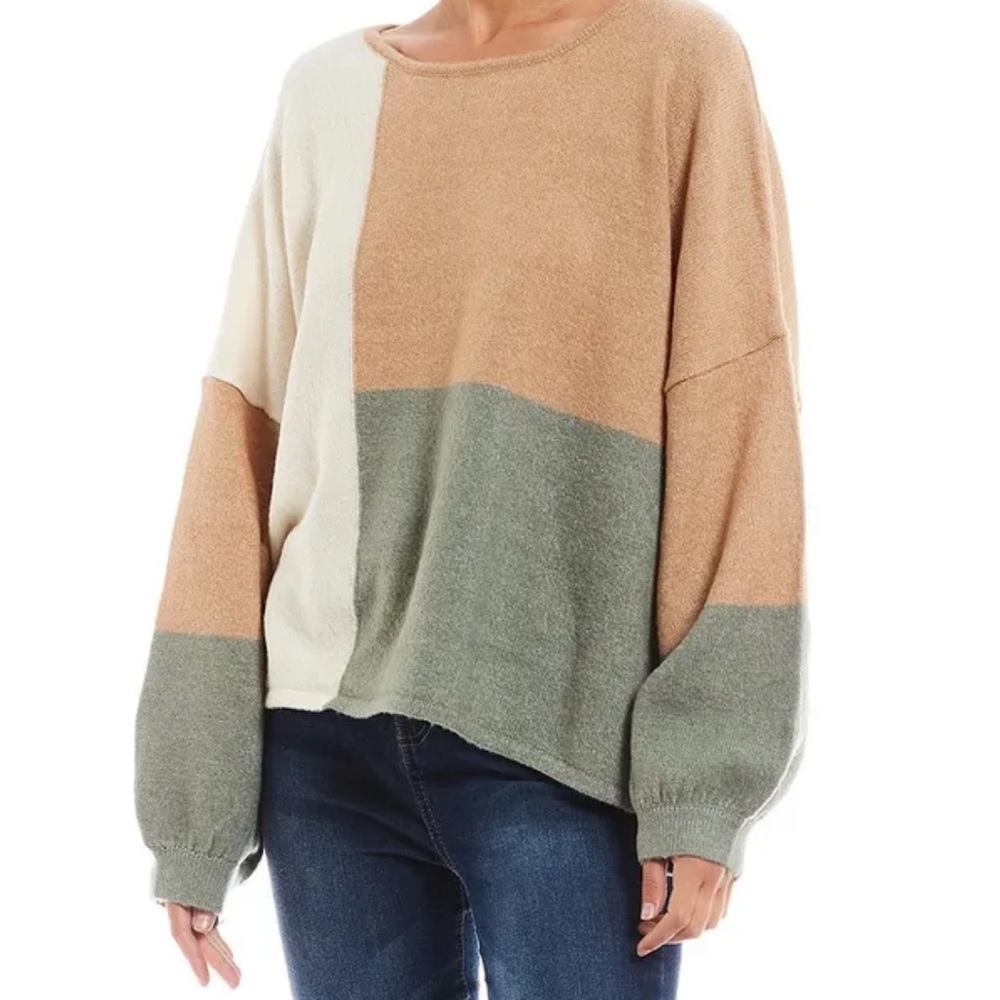 🩷BLU PEPPER LONG SLEEVE BACK COLORBLOCK TEDDY OVERSIZED SWEATER SIZE LARGE